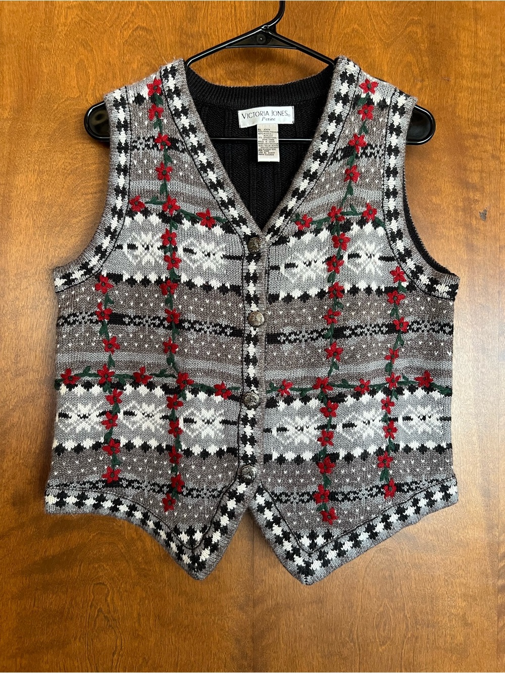 Victoria Jones Woman Gray Fair Isle Vest with Red Floral Embroidery